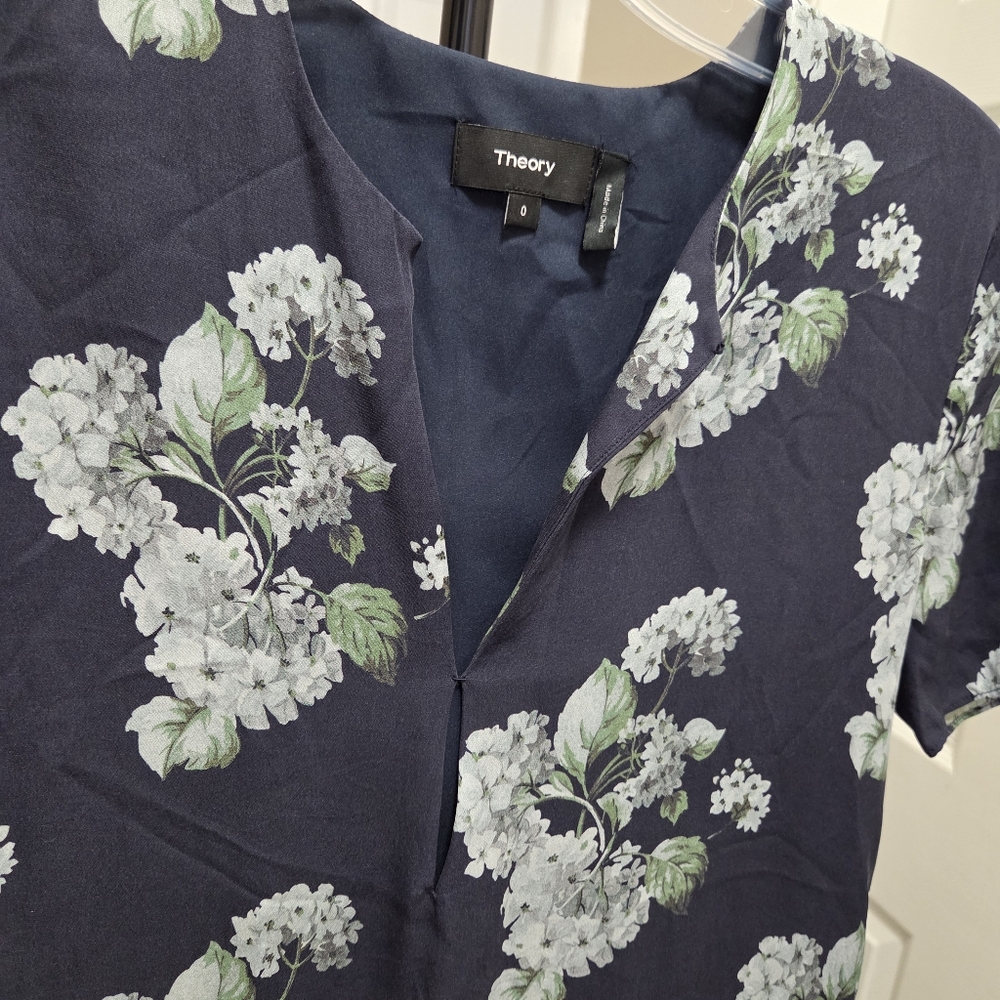 Theory Silk Blend Navy Floral Dress | Minimalist Designer Shift Dress - Picture 6 of 7